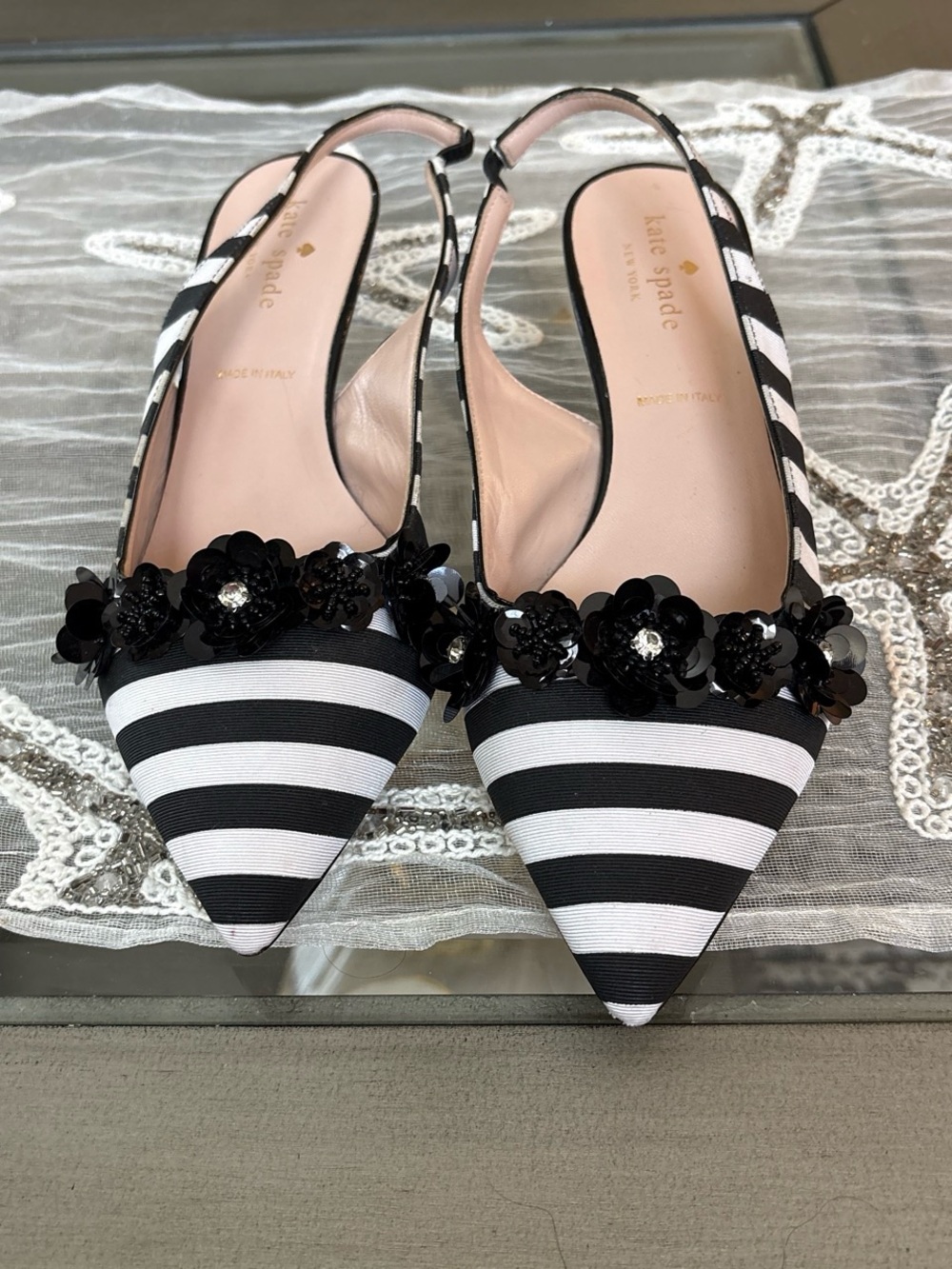 kate spade Black & White Striped Floral Embellished Slingback Flats